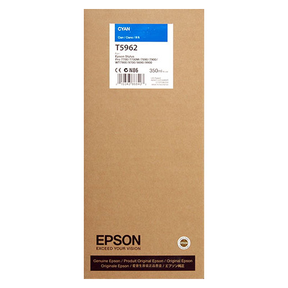 A brown Epson box labeled T596200 for Cyan Ultrachrome HDR Ink, 350ml, featuring pigment ink. Compatible with Epson Stylus Pro printers, it has a white and blue sticker showing branding and product details.