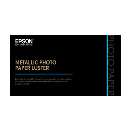 A box of Epson Metallic Photo Paper Luster by Epson, featuring a black background with gold and white text, a blue line, and vertically aligned "PHOTO PAPER" on the right, highlighting its premium luster finish for stunning prints.