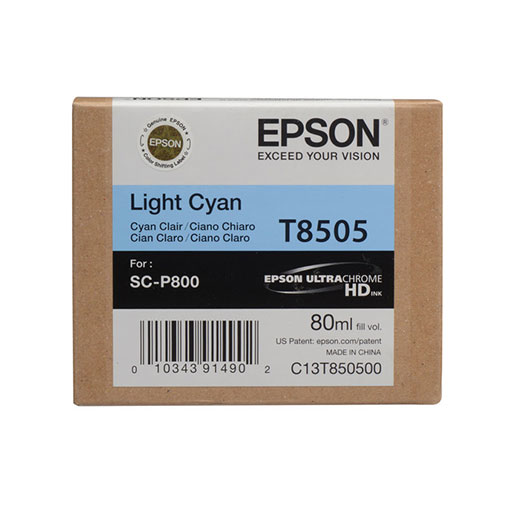 An Epson SureColor P800 Light Cyan Ink Cartridge (80ml, T850500) box features Epson branding, UltraChrome HD ink for superior photo clarity, and displays product and barcode info on the front.
