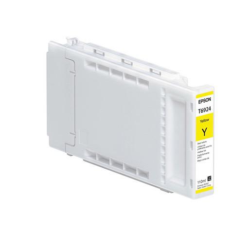 The Epson Ultrachrome XD Yellow Ink Cartridge (T692400, 110 ml) is designed for SureColor T3270 and T-Series printers, using EPSON UltraChrome XD ink. White cartridge with yellow stripe labeled Y for yellow.