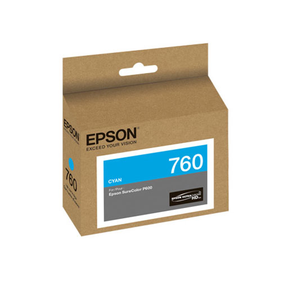 The Epson SureColor P600 Cyan Ink Cartridge 25.9 ml (T760220) features the Epson logo and branding with black and blue accents. Designed for superior photographic imaging, it uses UltraChrome HD ink for vibrant results.