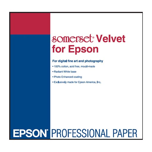 Square label for Epson Somerset Velvet—100% cotton, acid-free, radiant white archival paper. Mould-made and photo enhanced by Epson for exceptional digital art prints.