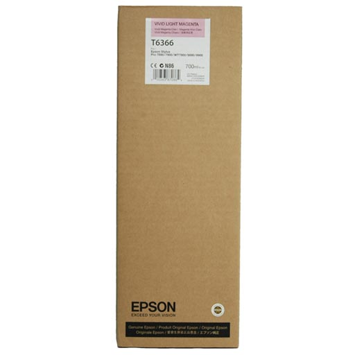 A brown rectangular Epson Vivid Light Magenta UltraChrome HDR Ink Cartridge T636600 box, 700ml, with a white and pink sticker at the top, branded “EPSON EXCEED YOUR VISION,” and designed for advanced pigment ink technology.