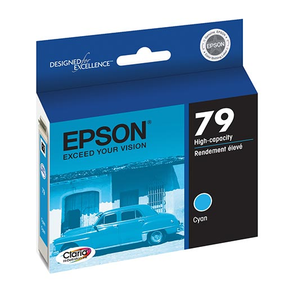 Epson Stylus Photo 1400 / Artisan 1430 Cyan Ink Cartridge (T079220) by Epson—high-capacity, ideal for high-volume printing, with Epson branding and "Exceed Your Vision" slogan on the box.