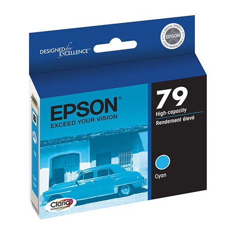 Epson Stylus Photo 1400 / Artisan 1430 Cyan Ink Cartridge (T079220) by Epson—high-capacity, ideal for high-volume printing, with Epson branding and "Exceed Your Vision" slogan on the box.