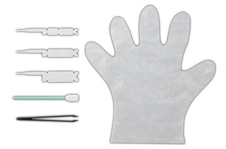 The Epson Replacement Borderless Pad Kit - C13S210102 includes three swabs, a spatula, tweezers, and a large disposable glove, all neatly arranged on a white background.