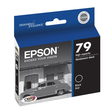 The Epson Stylus Photo 1400 / Artisan 1430 Black Ink Cartridge (T079120) by Epson comes in blue and black packaging featuring a vintage car image, product details, and branding. Ideal for high volume printing.