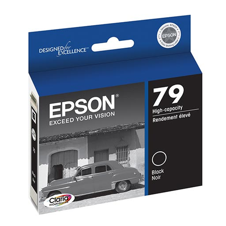 The Epson Stylus Photo 1400 / Artisan 1430 Black Ink Cartridge (T079120) by Epson comes in blue and black packaging featuring a vintage car image, product details, and branding. Ideal for high volume printing.