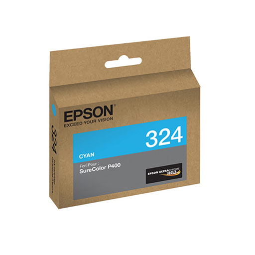 A brown box of Epson SureColor P400 Cyan Ink Cartridge - T324220 features the Epson logo, product details, and UltraChrome HG2 Ink branding on the packaging.