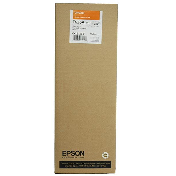 A rectangular brown Epson box labeled T636A00 contains a 700ml Orange UltraChrome HDR Ink Cartridge for Epson Stylus Pro printers, with product details and barcodes on a white label near the top.