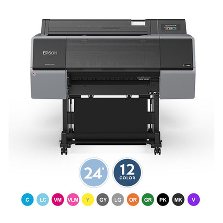 The Epson SureColor P7570 24” Wide Printer (SCP7570SE) features a right-side control panel labeled “24 12 color” above icons for 12 UltraChrome PRO12 inks—perfect for professional photography and vibrant, precise prints.
