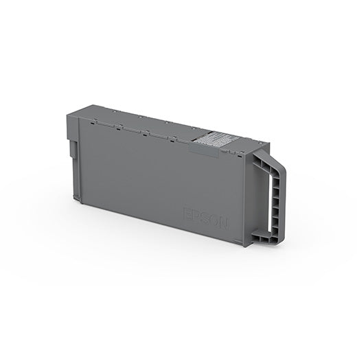 A gray Epson printer ink or maintenance cartridge is shown on a white background, with a rectangular shape, some vent-like openings on one side, and the Epson logo embossed on the front.