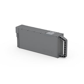 A gray Epson printer ink or maintenance cartridge is shown on a white background, with a rectangular shape, some vent-like openings on one side, and the Epson logo embossed on the front.