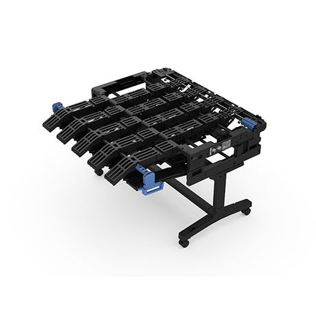 The Epson EPSON Production Stacker P8570D / T7770D - C12C937131 features a black adjustable seat frame with four curved support rails, blue adjustment levers, and a wheeled metal base—perfect for production stacker setups—shown on a white background.