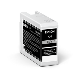 The Epson SureColor P700 Light Gray UltraChrome PRO10 Ink Cartridge 25ml (T770920) by Epson, labeled LGY, features black and white labeling with visible usage instructions—perfect for professional imaging applications.