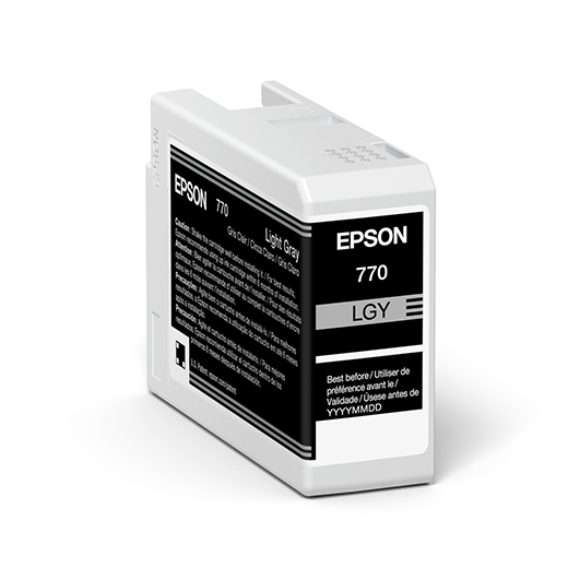 The Epson SureColor P700 Light Gray UltraChrome PRO10 Ink Cartridge 25ml (T770920) by Epson, labeled LGY, features black and white labeling with visible usage instructions—perfect for professional imaging applications.