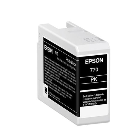 The Epson SureColor P700 Photo Black UltraChrome PRO10 Ink Cartridge 25ml (T770120) features a black and white label with usage instructions, blank expiration date area, and archival pigment ink for professional results.