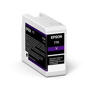 The Epson SureColor P700 Violet UltraChrome PRO10 Ink Cartridge 25ml (T770020) features a white casing, black and purple label with Epson branding, ink type (archival pigment ink), model, color (Violet), usage info, and a best before date area.