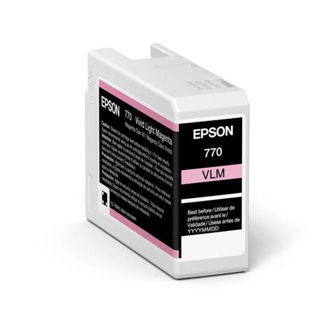 An Epson SureColor P700 Vivid Light Magenta UltraChrome PRO10 Ink Cartridge (25ml, T770620) by Epson features archival pigment ink with black, pink, and white text displayed on a plain background.