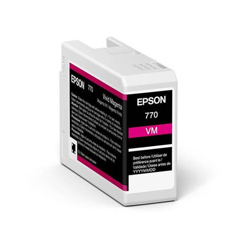 The Epson SureColor P700 Vivid Magenta UltraChrome PRO10 Ink Cartridge 25ml (T770320) delivers professional-quality imaging and clear labeling, with instructions to use before the specified date.