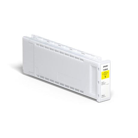 The Epson Yellow UltraChrome Pro12 Ink Cartridge (700ml, T44H420) by Epson offers a wide color gamut and is designed for the SureColor P7570, featuring a white body with a yellow label.