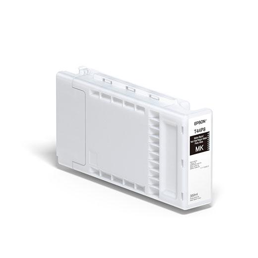 The Epson Matte Black UltraChrome Pro12 Ink Cartridge (350ml, T44P820) by Epson is shown upright, displaying its label. It's compatible with SureColor P7570 printers and delivers Pantone Solid Coated Standard results.