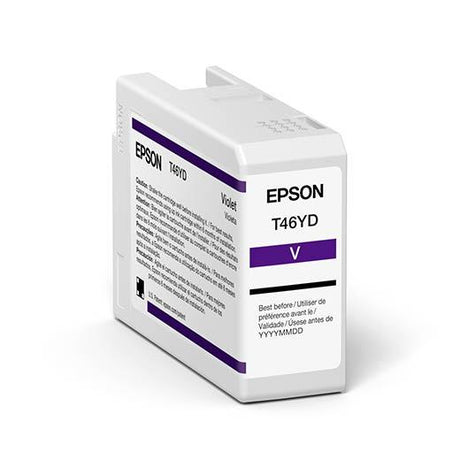 The Epson SureColor P900 Violet UltraChrome PRO10 Ink Cartridge 50ml (T46YD00) features multi-language usage instructions and packaging with purple accents for professional imaging. Brand: Epson.