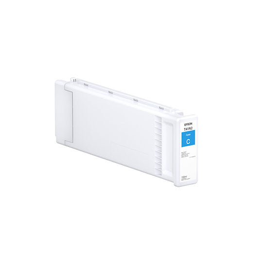 The Epson Cyan UltraChrome XD2 Ink Cartridge (T41N220, 700ml) features blue labeling and Epson branding. Compatible with SureColor T5475 printers, it uses archival pigment inks for durable prints. Shown on a plain white background.