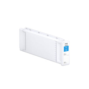 The Epson Cyan UltraChrome XD2 Ink Cartridge (T41N220, 700ml) features blue labeling and Epson branding. Compatible with SureColor T5475 printers, it uses archival pigment inks for durable prints. Shown on a plain white background.