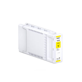 The Epson Yellow UltraChrome XD2 Ink Cartridge (350ml, T41P420) stands upright on a white background, featuring a yellow label and is compatible with Epson SureColor T3475 printers.