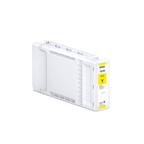 The Epson Yellow UltraChrome XD2 Ink Cartridge (350ml, T41P420) stands upright on a white background, featuring a yellow label and is compatible with Epson SureColor T3475 printers.