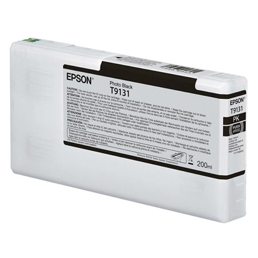 The Epson SureColor P5000 Photo Black UltraChrome HDX Ink Cartridge (T913100) features a white rectangular body with a black label, holds 200 ml of ink, and is designed for Epson SureColor printers.