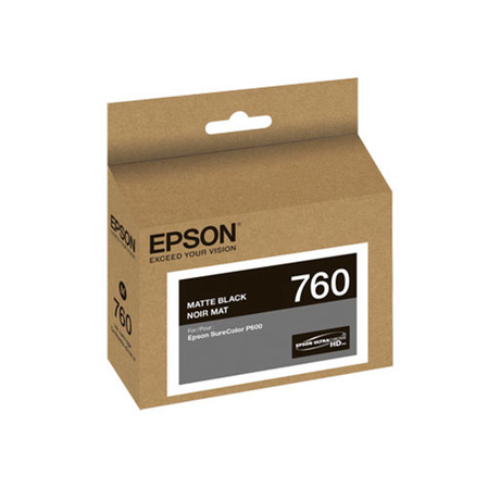 The Epson SureColor P600 Matte Black Ink Cartridge 25.9 ml (T760820) by Epson features advanced UltraChrome HD ink for superior photo imaging, packaged in a brown box with black and white text and logos.