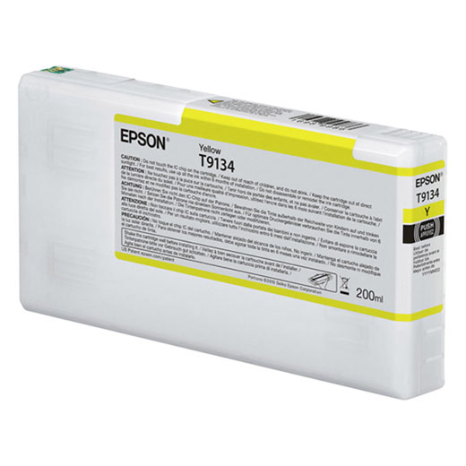The Epson SureColor P5000 Yellow UltraChrome HDX Ink Cartridge (T913400) by Epson holds 200ml of pigment ink. Designed for SureColor printers, it features a rectangular white body and a yellow label with black and gray text.
