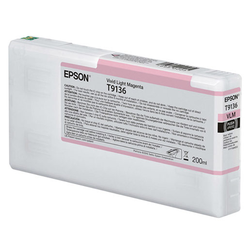 The Epson SureColor P5000 Vivid Light Magenta UltraChrome HDX Ink Cartridge (T913600) holds 200ml, is mainly white with a pink label, and uses advanced Epson UltraChrome HDX pigment technology.