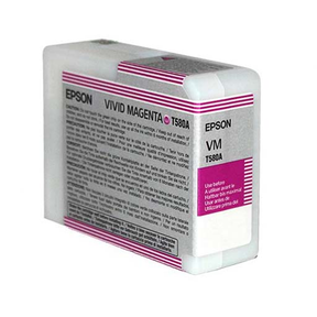 The Epson Pro 3880 Vivid Magenta Ink Cartridge (80ml, T580A00) features gray, white, and purple details and uses UltraChrome K3 pigment ink for archival prints. Text instructions are printed on the cartridge’s side.