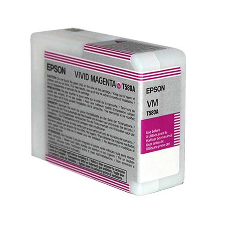 The Epson Pro 3880 Vivid Magenta Ink Cartridge (80ml, T580A00) features gray, white, and purple details and uses UltraChrome K3 pigment ink for archival prints. Text instructions are printed on the cartridge’s side.