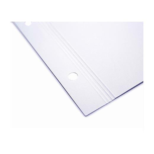 Close-up of the corner of a MOAB Lasal Photo Matte 235 Scored Portfolio Page (11”x17”, landscape) with three pre-punched holes, designed to protect documents or photos in binders. Pack contains 25 clear plastic sheets.