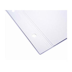 Close-up of the corner of a MOAB Lasal Photo Matte 235 Scored Portfolio Page (11”x17”, landscape) with three pre-punched holes, designed to protect documents or photos in binders. Pack contains 25 clear plastic sheets.