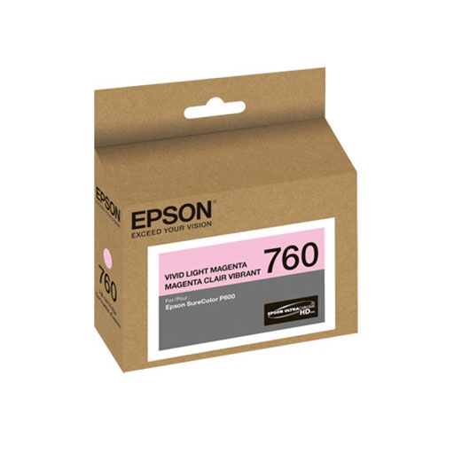 Epson SureColor P600 Vivid Light Magenta Ink (25.9 ml, T760620) in a brown box with Epson branding and color indicators, designed for superior photographic imaging on SureColor P600 printers.