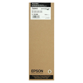 A brown Epson box labeled T694100 contains the Epson Ultrachrome XD Photo Black Ink Cartridge (700 ml), compatible with SureColor T3270 and other SureColor T-Series printers, featuring black and white product details and branding.