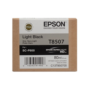 The Epson SureColor P800 Light Black Ink Cartridge 80ml (T850700) by Epson delivers high optical density for exceptional photo clarity, and comes in a brown box with black and gray text.
