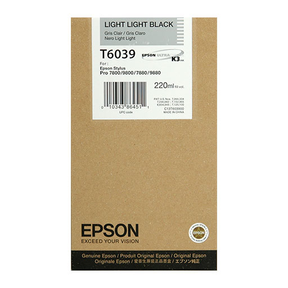 A cardboard Epson box labeled "Light Light Black Ultrachrome K3 Ink Cartridge - 220ml - T603900," for Stylus Pro 7880/7800/9800/9880, with branding and details. Compatible with Epson Ultrachrome K3 ink.