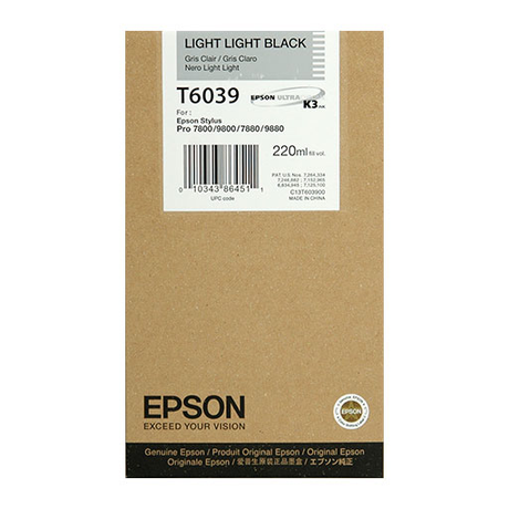 A cardboard Epson box labeled "Light Light Black Ultrachrome K3 Ink Cartridge - 220ml - T603900," for Stylus Pro 7880/7800/9800/9880, with branding and details. Compatible with Epson Ultrachrome K3 ink.