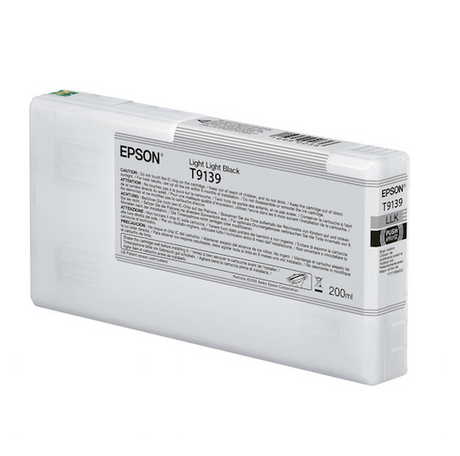 The Epson SureColor P5000 Light Light Black UltraChrome HDX Ink Cartridge (T913900) by Epson holds 200ml and is designed for SureColor printers, featuring printed instructions, a barcode, and advanced pigment ink technology.
