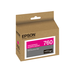 A brown box of Epson SureColor P600 Vivid Magenta Ink Cartridge 25.9 ml (T760320), featuring Epson branding and UltraChrome HD ink, designed for the Epson SureColor P600 printer.