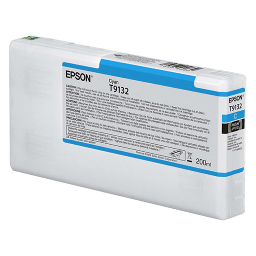 The Epson SureColor P5000 Cyan UltraChrome HDX Ink Cartridge (T913200) by Epson has a 200ml capacity, a blue label with caution and instruction text, a mostly white rectangular design, and features a side push button.