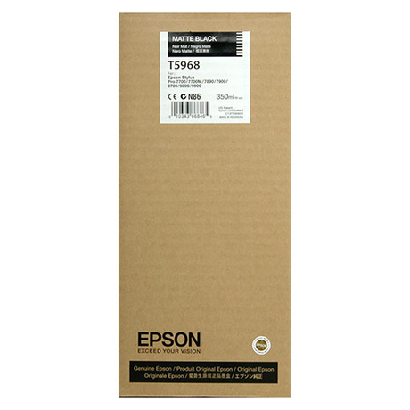 An Epson Matte Black Ultrachrome HDR Ink Cartridge (T596800), 350ml, comes in a brown box with compatibility info for Epson Stylus Pro printers, authenticity labels, and pigment ink technology details at the bottom.