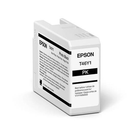 A photo of the Epson SureColor P900 Photo Black UltraChrome PRO10 Ink Cartridge (T46Y100, 50ml) by Epson, a rectangular white cartridge featuring black text for professional imaging and archival pigment ink use.