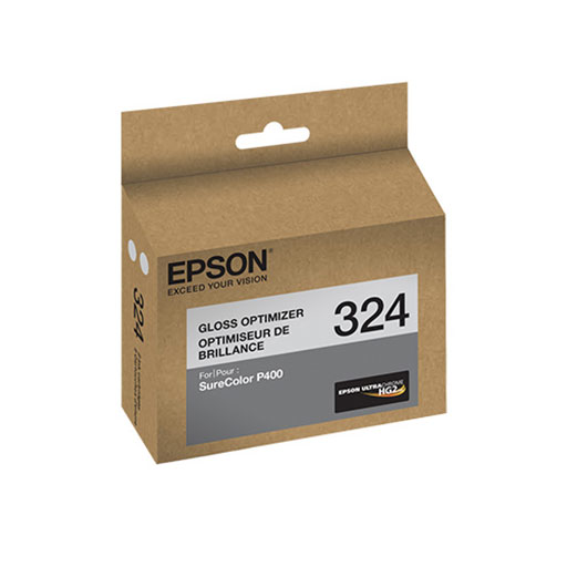 A brown Epson SureColor P400 Gloss Optimizer Ink Cartridge - T324020 box, featuring black and gray branding on the front; compatible with Epson UltraChrome HG2 pigment ink.